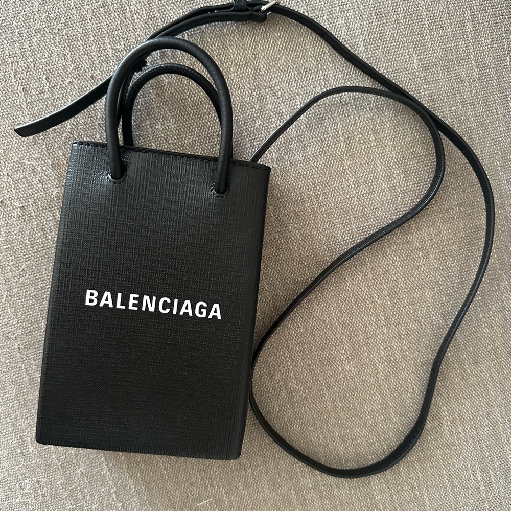 Balenciaga Black Leather Mini Shopping Tote with Adjustable Crossbody